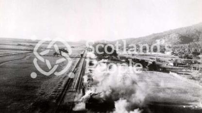 Japanese train in Burma after attack by RAF, 1945