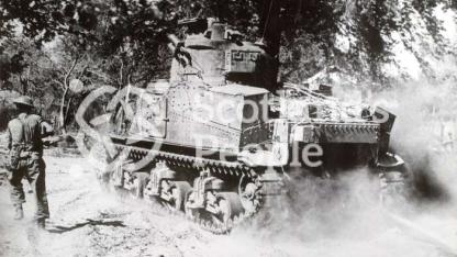 Tank and infantryman, Far East, c 1944