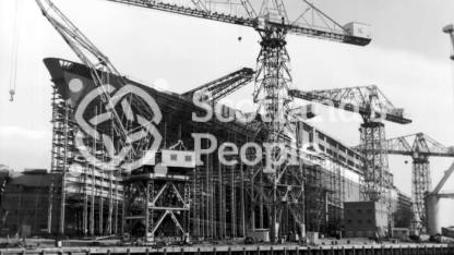 Bow view of RMS Queen Elizabeth 2 under construction, Clydebank
