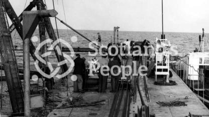 Pontoon deck of sea boring tower in the Forth, 1955