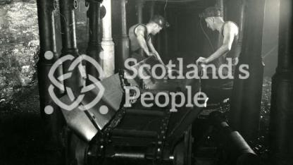 Men beside conveyor at Wellesley Colliery, Fife, 1950s-1960s