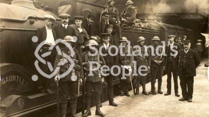 Soldiers at Galashiels Station, c 1916