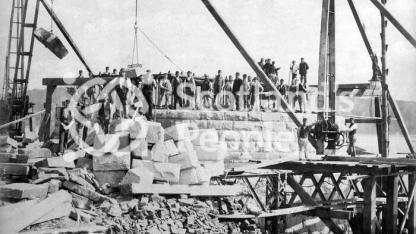 Workers on pier of Forth Bridge during construction, 1884