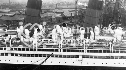 Cunard Line ocean liner RMS Aquitania: view of the decks amidships