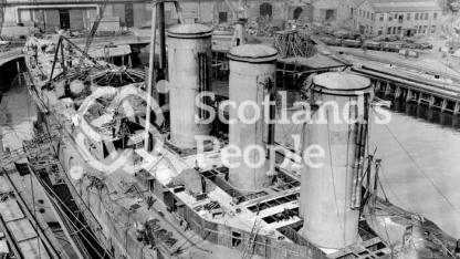 HMS Tiger, Royal Navy Tiger-Class Battlecruiser: View amidships looking down on the three funnels towards the bow
