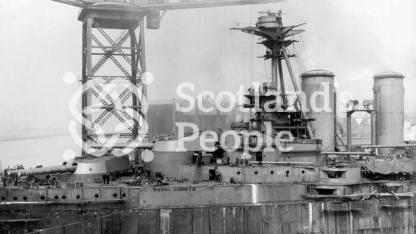HMS Tiger, Royal Navy Tiger-Class Battlecruiser: View port-side, looking at the forward turrets and the bridge superstructure