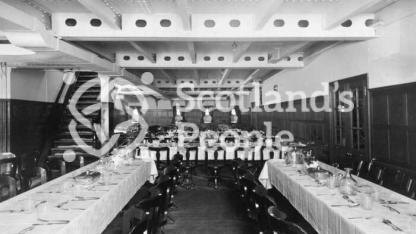 Third Class Dining Saloon \"D\" deck looking to port-side on the Canadian Pacific Line liners SS Montcalm & SS Montclare