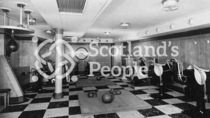 The Tourist Gymnasium looking aft on board the Cunard Line ocean liner RMS Queen Mary