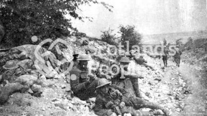 Soldiers of East Surrey Regiment bivouacking during the battle for Bazentin on the Somme, 1916