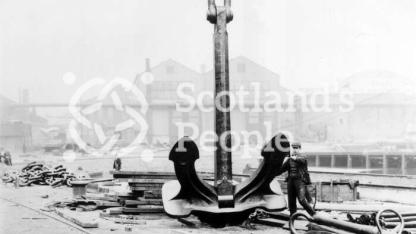 Anchor belonging to RMS Lusitania in the shipyard of John Brown & Co Ltd, Clydebank