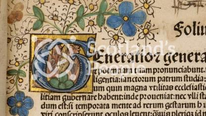 Hand decorated illumination on fifteenth century printed book