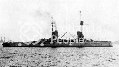Postcard entitled \"The Armistice Meeting\" at Scapa Flow 1918 depicting a \"Kaiser\" Class German Battleship