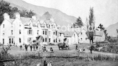 A mid-Victorian view of the hotel at Lochearnhead with staff in gardens
