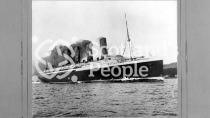 Broadside view of the quadruple screw turbine steamer RMS Lusitania whilst on trial in the Clyde Estuary
