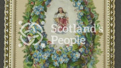 Christmas greetings card depicting a floral wreath and angel