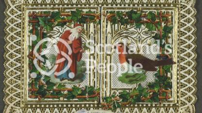 New Years greetings card depicting Father Christmas and a robin