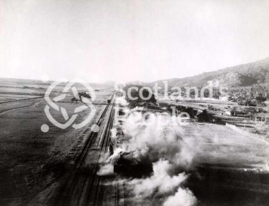 Japanese train in Burma after attack by RAF, 1945