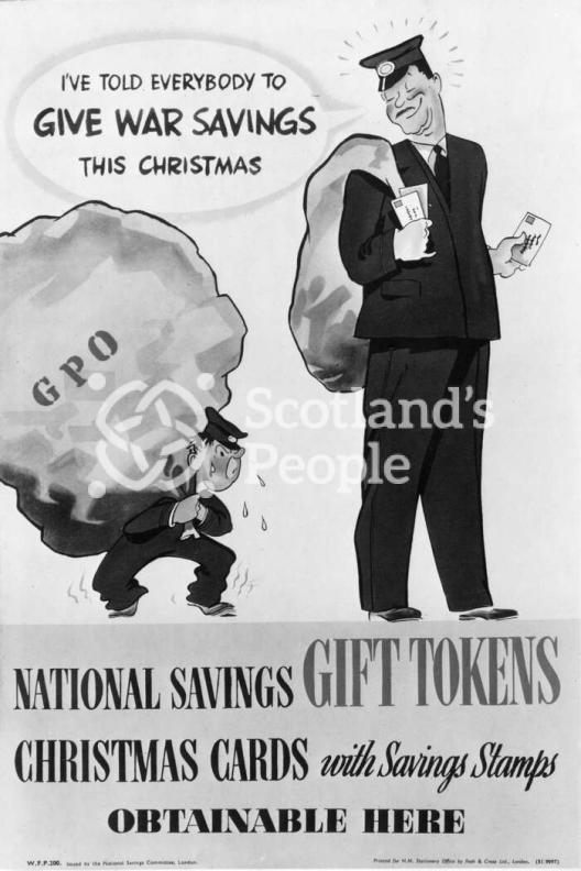 Cartoon of postmen advertising war savings, 1939-1945