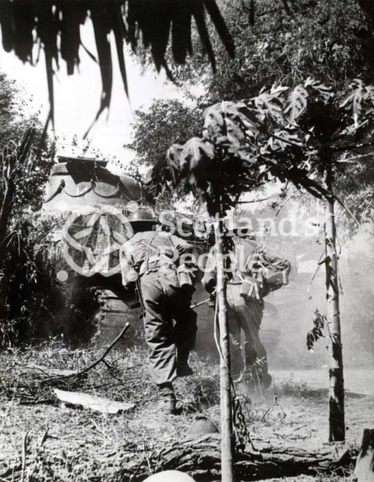 Tank and infantryman, Far East, c 1944