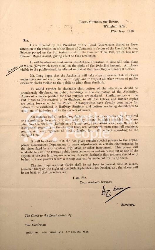 Letter about Daylight Saving Scheme, 1916