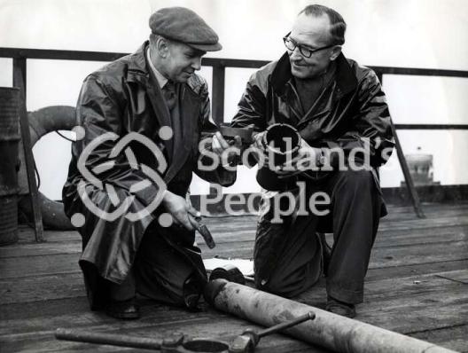 Men on sea boring tower in Forth, c 1955
