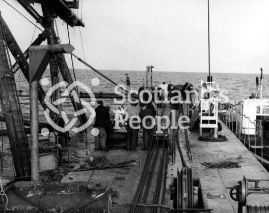 Pontoon deck of sea boring tower in the Forth, 1955