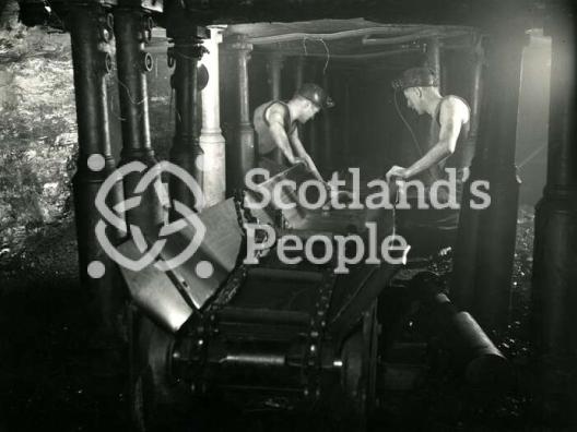 Men beside conveyor at Wellesley Colliery, Fife, 1950s-1960s