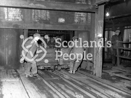 Miners with coal wagons at Glencraig Colliery