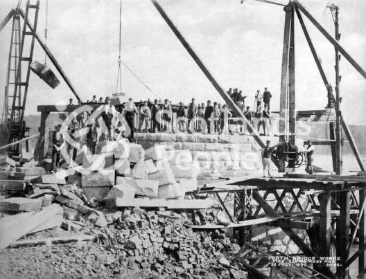 Workers on pier of Forth Bridge during construction, 1884