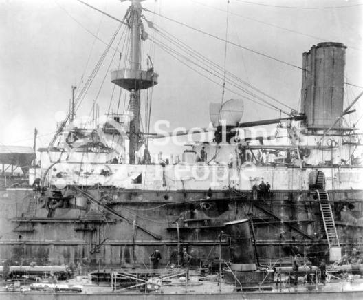 HMS Jupiter, view of the port-side from the bridge to the first funnel, 1895