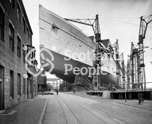 The Canadian Pacific Line ocean liner the RMS Empress of Britain on stocks showing the forward poppets