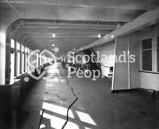 Promenade Deck looking aft of the Cunard Line ocean liner RMS Queen Mary