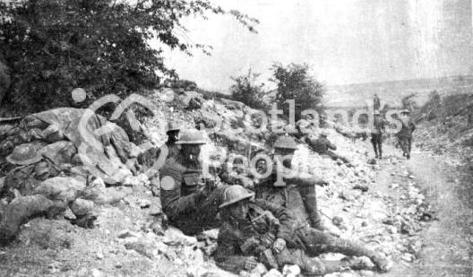 Soldiers of East Surrey Regiment bivouacking during the battle for Bazentin on the Somme, 1916