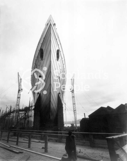 The bow of the Cunard Line ocean liner RMS Lusitania on the slipway of John Brown & Co Ltd, Clydebank