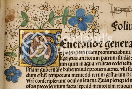 Hand decorated illumination on fifteenth century printed book