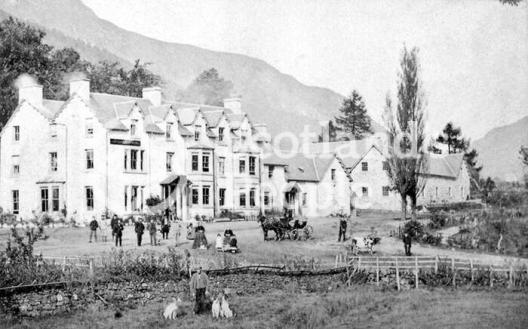 A mid-Victorian view of the hotel at Lochearnhead with staff in gardens