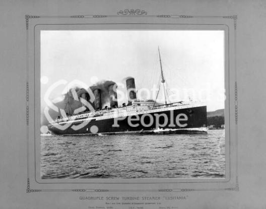 Broadside view of the quadruple screw turbine steamer RMS Lusitania whilst on trial in the Clyde Estuary