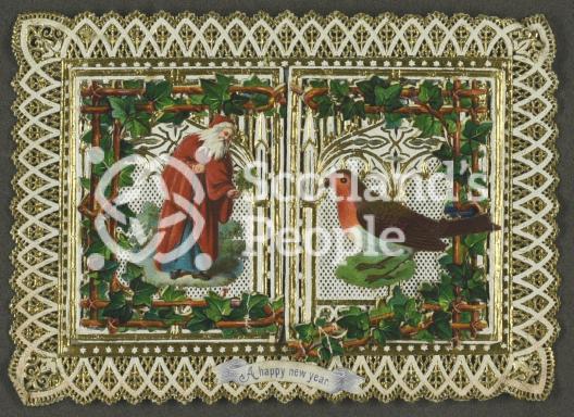 New Years greetings card depicting Father Christmas and a robin