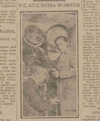 An image of Lauder working as a cinema operator (shown on the right) with a colleague.&nbsp;Credit: Daily Record Friday 19th January 1917