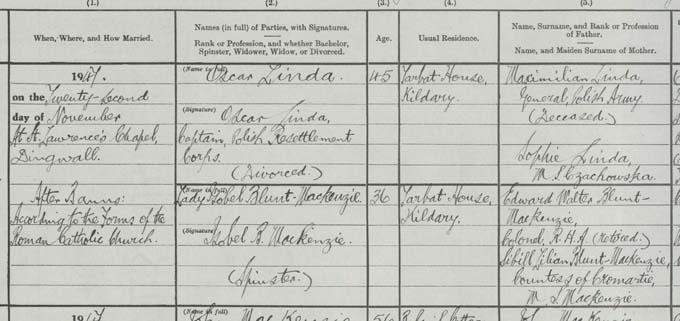 Detail from the marriage entry of Captain Oscar Linda and Lady Isobel Blunt-Mackenzie. Crown copyright, National Records of Scotland, Statutory Register of Marriages, 1947, 062/47 page 24&nbsp;