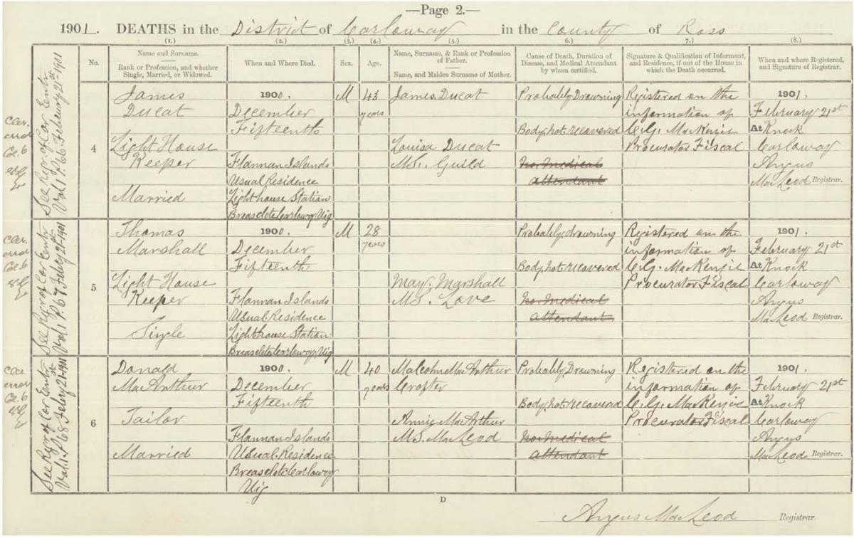The entries for Ducat, Marshall and MacArthur in the register of deaths, 1901.&nbsp;Crown copyright, National Records of Scotland, 086/B5 page 2