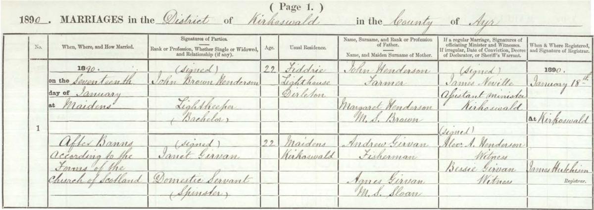 The marriage entry for John Brown Henderson and Janet Girvan, 17th &nbsp;January 1890. Crown copyright, National Records of Scotland, Statutory Register of Marriages, 1890, 601/1 page 1