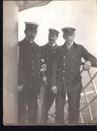 John Henderson, believed to be the far right, atop The Bell Rock Lighthouse.&nbsp; Courtesy of the Morrison Family