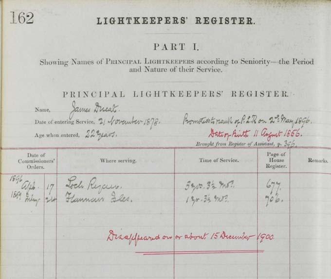 Information recorded on Thomas Ducat’s time as a Principal Lightkeeper in the Lightkeeper Registers.&nbsp;Crown copyright, National Records of Scotland, NLC4/1/3 (page 162)