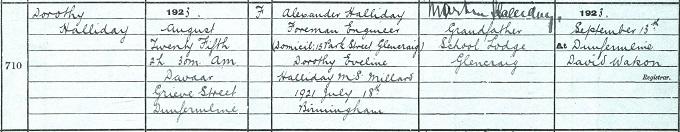 Dorothy Halliday's birth entry, 1923