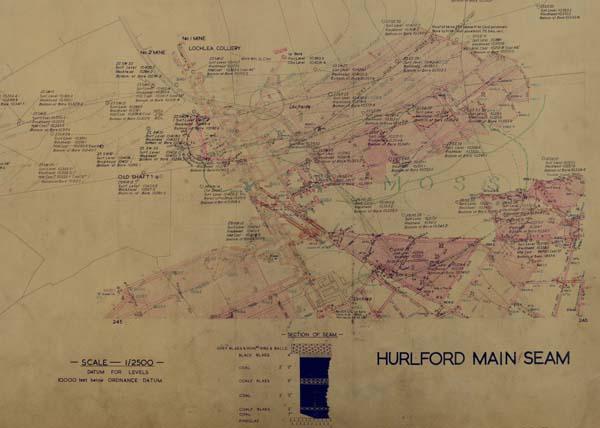 Detail from a plan illustrating the Hurlford main seam, 1953. NRS, RHP146000/99/2.  This copy is provided under the terms and conditions of ScotlandsPeople. &nbsp;This is not an official abandonment plan. Workings must be verified as to their completeness and accuracy in the official abandonment plans available from The Mining Heritage Centre, 200 Lichfield Lane, Mansfield (NG18 4RG) or The British Geological Survey, Research Avenue South, Edinburgh (EH14 4AP).