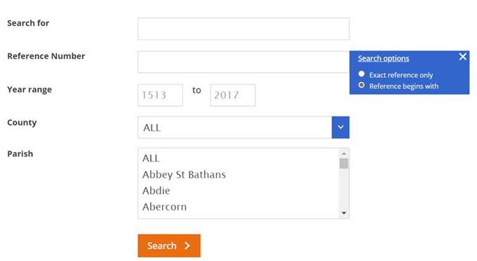 An image of a screenshot of the maps and plans search page.&nbsp; Crown copyright, NRS.