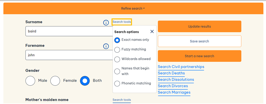 Screenshot of Scotland's People showing different search tools available