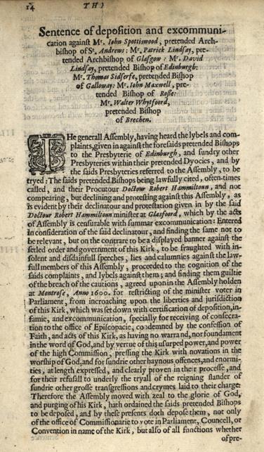 The Act deposing John Spottiswood (and others) from his ‘pretended’ position of Bishop of St Andrews at the General Assembly of 1638. NRS, CH1/9/1 page 15