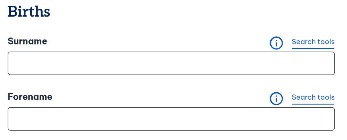 Search fields on Scotland's People showing 'Surname' and 'Forename' search fields